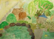 石で丸く囲われた池が二つとその周りに草木が生えている様子を描いた作品